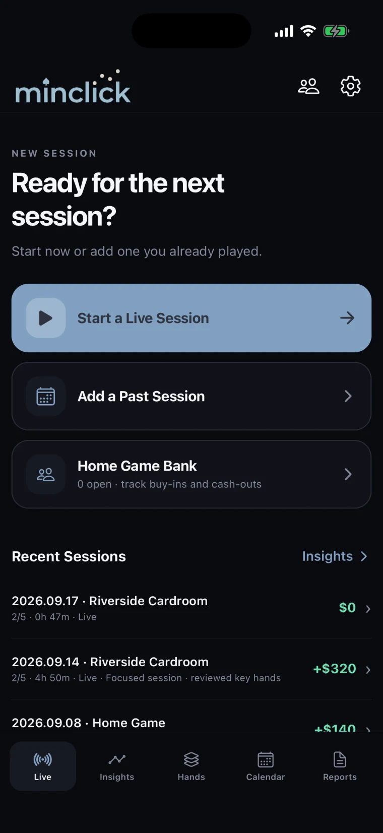 minclick home screen with live session, past session, and home-game bank